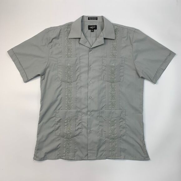 Omega Embroidered Button Up Shirt Mens L Large Gray Short Sleeve Cotton Blend - Picture 2 of 11